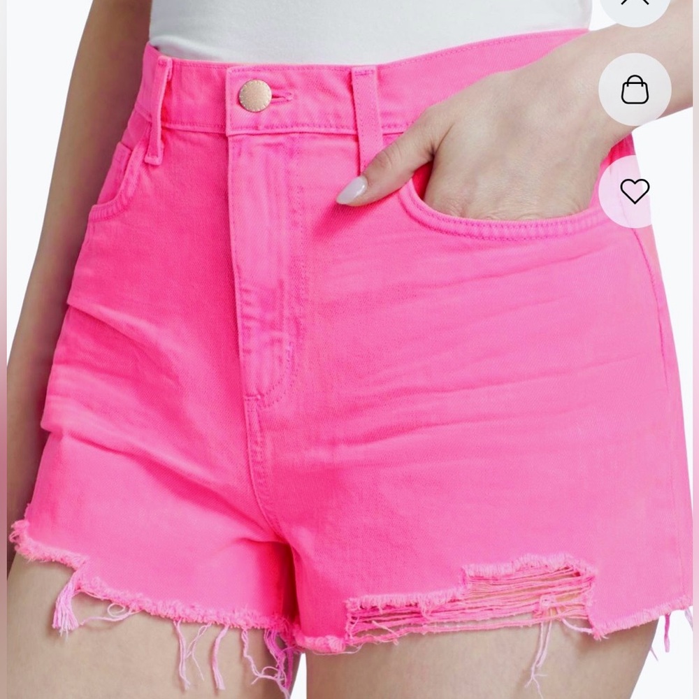 L'Agence Clark Distressed Denim High Rise Shorts in Shocking Pink, 24" Waist